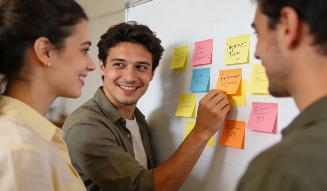 Trois personnes souriantes collent des notes colorées sur un tableau blanc
